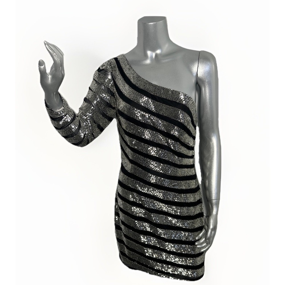 Aleta One-Shoulder Striped Beaded Sequin Mini Dress - Black & Silver 10 - Picture 4 of 13